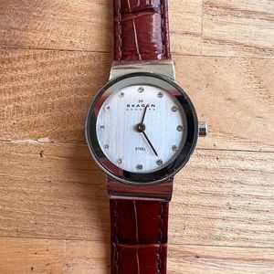 Skagen Denmark steel ladies silver tone brown leather dress watch NEW BATTERY